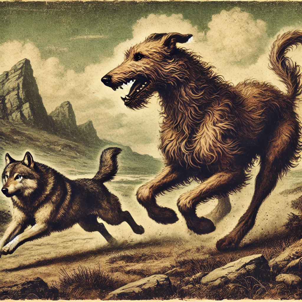 Irish Wolffhound Chasing a Wolf