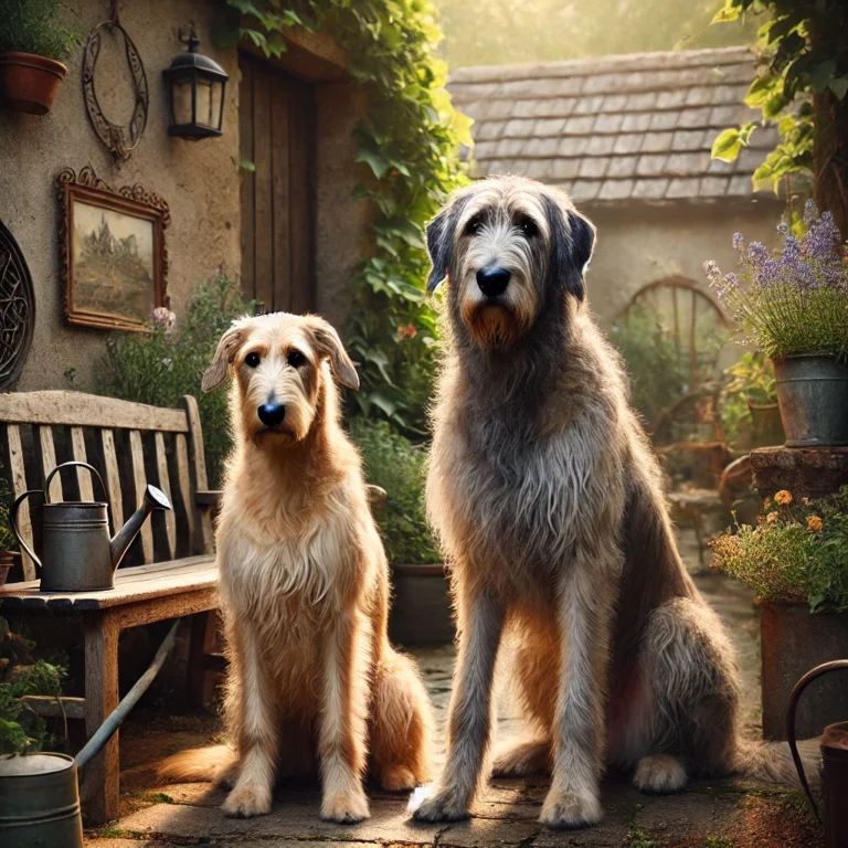 DALL·E 2025-03-24 09.19.17 - A male and female Irish Wolfhound sitting outside in a peaceful vintage setting